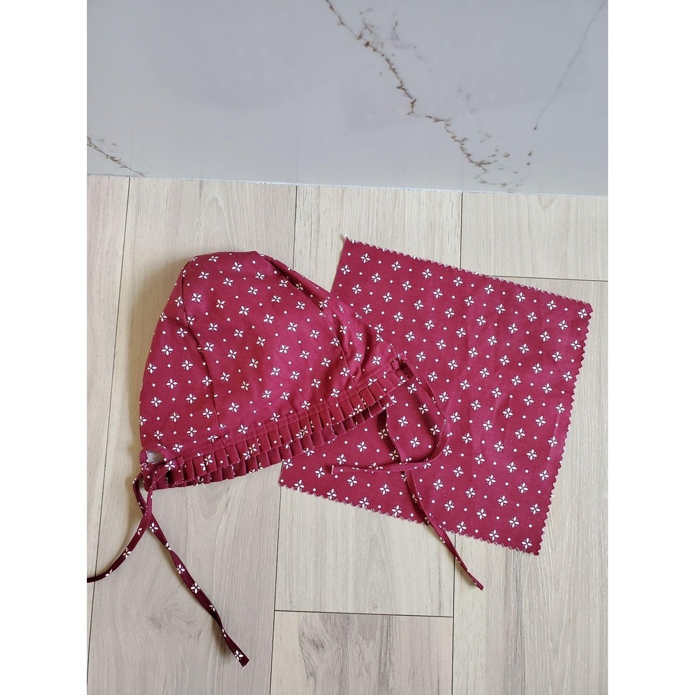 Longaberger Red Floral Basket Bonnet & Napkin Set 2 Pc Cotton Liner Made In USA